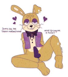 balls_in_bunnysuit bow buttons dialogue feet five_nights_at_freddy's five_nights_at_freddy's:_help_wanted furry glitchtrap heart jacket leg_lift male_only mascot penis purple_clothing purple_penis rabbit sitting smile solo solo_male suit the_mimic_(fnaf) zipper