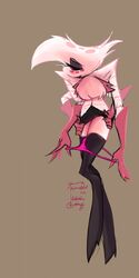 1boy 4_arms angel_dust_(hazbin_hotel) artblush blush chest_tuft clothed demon embarrassed hands_on_hips hazbin_hotel leaning_forward looking_to_the_side male male_only pulling_panties shy skirt_pull solo solo_focus solo_male spider standing thick_thighs thighhighs thighs white_fur white_hair