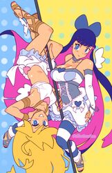 2girls cleavage female female_only illustruction multicolored_hair panty_&_stocking_with_garterbelt panty_anarchy stocking_anarchy stripper_pole yellow_hair