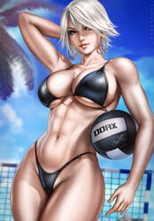 1girls abs big_breasts bikini black_bikini breasts child_bearing_hips christie_(doa) cleavage dandon_fuga dead_or_alive dead_or_alive_xtreme_beach_volleyball female female_only large_breasts purple_eyes short_hair solo thick_thighs thong thong_bikini volleyball white_hair wide_hips