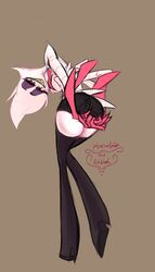 1boy angel_dust_(hazbin_hotel) arms_behind_back artblush ass big_ass chest_tuft clothed covering_crotch demon hands_on_ass hazbin_hotel leaning_forward looking_at_viewer looking_back male male_only presenting_ass smile solo solo_focus solo_male spider standing thick_thighs thighhighs thighs white_fur white_hair