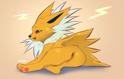 2021 anus feral fur hi_res hyilpi jolteon lying male nintendo nude open_mouth pawpads paws pokemon quadruped simple_background solo video_games yellow_body yellow_fur