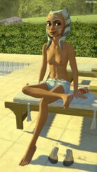 1girls 3d ahsoka_tano bare_chest barefoot blue_eyes breacken_(artist) breasts clone_wars female female_only half-dressed half_naked hi_res looking_at_viewer nipples poolside sandals shorts small_breasts smile solo source_filmmaker star_wars sunbathing the_clone_wars:_season_one togruta watermark