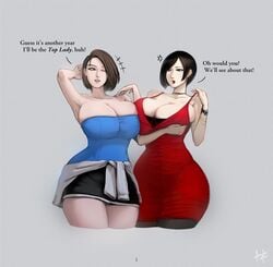 2girls acrylictoon ada_wong ada_wong_(adriana) armpits belly belly_button big_breasts brunette capcom choker cleavage curvy dark_hair dress hourglass hourglass_figure huge_breasts jill_valentine jill_valentine_(sasha_zotova) large_breasts multiple_girls red_dress resident_evil resident_evil_2 resident_evil_3 seductive seductive_smile short_hair sleeveless text thick thick_thighs thighhighs thighs thin thin_waist thunder_thighs tight tight_clothes tight_clothing tight_fit tubetop voluptuous wide_hips