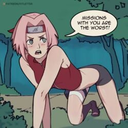 all_fours bent_over clothed_female clothing female female_only fitletter forest green_eyes long_hair naruto naruto_(series) naruto_shippuden outdoors pink_hair sakura_haruno solo solo_female solo_focus speech_bubble talking text