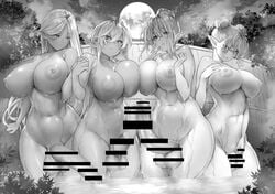 4girls bangs bar_censor breast_press breasts censored cloud cloudy_sky dark-skinned_female dark_skin double_bun elf frottage funou_(futanari_no_elf) futanari futanari_no_elf greyscale hair_behind_ear hair_between_eyes hair_bun hands_up holding_hands horsecock horsecock_futanari huge_breasts huge_cock inverted_nipples kawakami_masaki leaf long_hair mara_(futanari_no_elf) monochrome moon mother_and_daughter multiple_girls navel night night_sky nipples nude nude_futanari onsen original outdoors partially_submerged penis pointy_ears sky small_penis star_(sky) starry_sky tansho_(futanari_no_elf) testicles tree umanami_(futanari_no_elf)