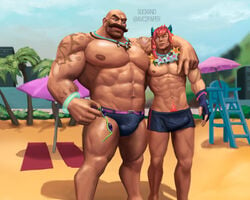 2boys bara braum bulge gay league_of_legends male male_focus male_only moustache muscles muscular pool pool_party pool_party_braum pool_party_series pool_party_sett sett sooxand yaoi