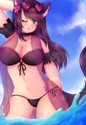 bathing_suit beach bikini cat_ears catgirl purple_hair swimsuit valatrice