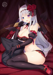 bangs bed blue_eyes bra breasts cleavage demon_girl demon_horns demon_tail demon_wings detached_collar elbow_gloves flower from_side gloves hair_ornament heterochromia horns large_breasts long_hair looking_at_viewer matatabi_maru open_mouth original pillow purple_eyes silver_hair sitting smile tail thighhighs underwear wings