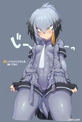 abs animated arms_at_sides bangs belt between_breasts bird_tail black_gloves black_hair blush blushing bodystocking bodysuit breasts breasts_apart cameltoe cleft_of_venus clenched_hand collared_shirt female female_only full_bodystocking grey_background grey_hair grey_shirt kemono kemono_friends no_sound onsen_man petite shiny_clothes shoebill_(kemono_friends) small_breasts solo tie video yellow_eyes