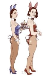 2girls back back_view bare_shoulders bunny_ears bunny_tail bunnysuit celebrity daisy_ridley drink heels natalie_portman serving_tray tie tittydispenser