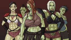 5girls abs absurd_res alekerectsociety armor big_breasts black_hair breasts clothes crop_top earrings face_tattoo female female_focus female_only green_skin hair hi_res huge_breasts looking_at_viewer medium_breasts medium_hair mohawk mohawk_(hairstyle) multiple_girls muscular muscular_female nipple_bulge orc orc_female pointy_ears ponytail red_hair sex_and_fantasy sharp_teeth short_hair tattoo tongue tongue_out white_hair