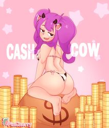 1girls :3 ass ass_focus bikini cherrypix cow_bikini cow_ears cow_horns cow_print looking_at_viewer otachan purple_eyes purple_hair solo the_otachan_show twintails