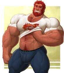 1boy abs arm_hair beard big_bulge big_muscles blush body_hair bulge chest_hair facial_hair fate/zero fate_(series) flaccid fully_clothed hairy hairy_arms hairy_chest iskandar_(fate) islander jeans male male_focus male_only muscles muscular musk one_eye_closed overheated pubic_hair red_hair rider scars shirt shirt_lift solo steamy_breath sweating sweaty undressing veins veiny_arms veiny_muscles wolf_con_f