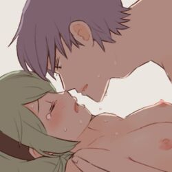 1boy 1girls @245 canas_(fire_emblem) close-up closed_eyes fire_emblem fire_emblem:_the_blazing_blade green_hair medium_breasts nino_(fire_emblem) nintendo nipples nude nude_female sweat