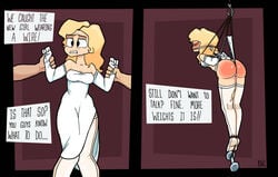 1girls bdsm blonde_hair blush bondage comic dialogue digitalwedgieart gag hanging_wedgie offscreen_character panties spanked spanking spy text wedgie wedgie_spanking weights white_panties