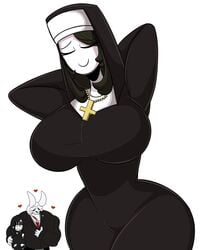 2021 big_breasts black_hair breasts busty cross milf nun nun's_habit nun_outfit saltynoodles showing_off veronica's_father_(saltynoodles) veronica's_mother_(saltynoodles) veronica_(saltynoodles) white_skin