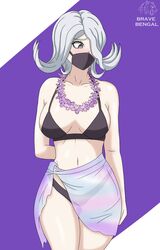 1girls artist_name big_breasts bikini black_bikini black_bra black_underwear bravebengal breasts danganronpa danganronpa_3 danganronpa_s:_ultimate_summer_camp flower flower_necklace gray_hair kimura_seiko medium_hair pale-skinned_female pale_skin purple_background purple_eyes short_hair sole_female straight_hair thick_thighs white_hair