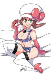 armwear barely_clothed bigdead93 bigdeadalive brown_hair elbow_gloves eyes_half_open gloves green_eyes heels holding_poke_ball latex latex_gloves legwear lipstick looking_at_viewer lyra_(pokemon) on_bed pokemon ponytails red_gloves sitting smile thighhighs