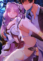 1boy 1girls breasts condom condom_on_penis dress fate/grand_order fate_(series) m-da_s-tarou nipples no_bra panties panties_aside penis pussy pussy_juice rogia sex skirt_lift small_breasts spread_legs stheno stheno_(fate) thighhighs vaginal vaginal_penetration vaginal_sex