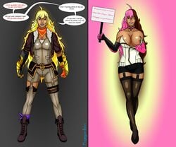 1girls alternate_costume before_and_after bimbo bimbofication brainwashing choker corruption enemy_conversion female female_only femsub hair_color_change hypnosis identity_death instant_loss large_breasts megaguardain mind_control neo_(rwby) nipple_piercing nipples rwby slave tagme vibrator yang_xiao_long