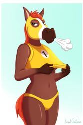 animal_crossing anthro bikini_bottom black_eyes brown_fur female formal_gentleman horse nintendo orange_hair sports_bra sportswear tagme victoria_(animal_crossing)