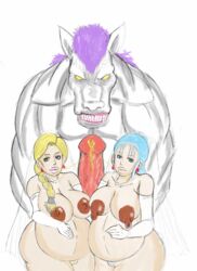 1monster 2girls bianca_whitaker big_breasts big_lips blonde_hair blue_hair dark_nipples dragon_quest dragon_quest_v flora_(dragon_quest) horse horsecock interspecies interspecies_pregnancy kon_the_knight large_breasts larger_male long_nipples nera_briscoletti peeing pregnant pubic_hair yuuji_yuusuke