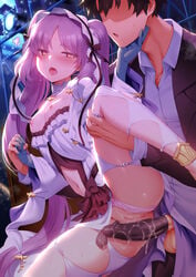 1boy 1girls anus breasts condom condom_on_penis cum cum_in_condom dress fate/grand_order fate_(series) filled_condom flat_chest m-da_s-tarou nipples no_bra panties panties_aside penis pussy pussy_juice rogia skirt_lift small_breasts spread_legs stheno stheno_(fate) thighhighs used_condom