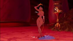 1girls aladdin black_hair breasts brown_eyes collar disney disney_princess edit evil_queen_jasmine hourglass_figure lactating milk nude princess_jasmine pussy screenshot screenshot_edit slave_collar smile spill tiger tittydispenser vagina