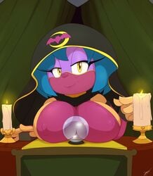 bigdon1992 blue_hair candle crystal_ball fortune_teller headdress large_breasts nipples original_character penny_the_bat purple_skin see-through sega smile sonic_(series) white_candles yellow_eyes