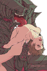 arched_back erection hamletmachine huge_tongue human humansub interspecies licking licking_chest long_tongue male monster monster_cock monster_on_male nipple_licking nippleplay nipples nude penis precum size_difference tongue wrist_grab yaoi
