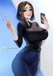 1girls big_breasts blue_nails breasts cianyo clothed clothes clothing female female_only fully_clothed hips huge_breasts humanoid large_breasts mole mole_under_eye nail_polish phone samsung samsung_sam solo solo_female standing thick thick_thighs thighs v voluptuous wide_hips