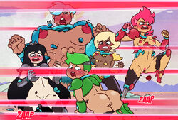 5girls ass black_hair black_strategy blonde_hair blue_hair blue_power blush breasts broken_armor cartoon_network crying crying_with_eyes_open dark-skinned_female dark_hair embarrassed enf-lover exposed_ass exposed_breasts exposed_nipples exposed_pussy female female_focus female_only green_guts green_hair group hue_troop hue_troopers laser lasers long_hair multiple_females multiple_girls navel ok_k.o.!_let's_be_heroes peg_leg pegleg pussy red_action red_hair red_lasers short_hair team tears text torn_clothes torn_clothing vagina yellow_hair yellow_technique