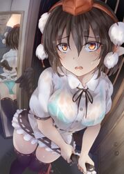 ass black_hair blue_panties bra breasts kagami_toufu mirror orange_eyes panties pointy_ears reflection see-through see-through_clothing see-through_top shameimaru_aya skirt skirt_lift standing tagme thighhighs touhou wet wet_clothes wings