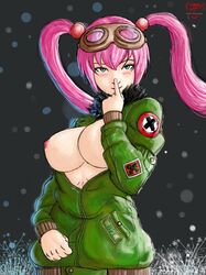 1girls aqua_eyes big_breasts blush breasts breasts_out cesar_secktor christmas christmas_outfit glasses_on_head hi_res jacket large_breasts long_hair metal_slug metal_slug_attack nipples nova_(metal_slug) pigtails pink_hair robot robot_girl seductive solo