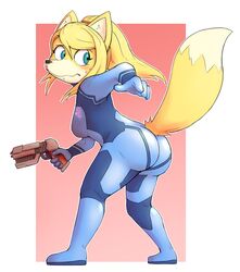 alternate_species anthro anthro_only ass big_ass big_butt blonde_hair blush bodily_fluids bodysuit breasts bubble_butt butt_pose canid canine clothing dipstick_tail female female_only fox fox_mccloud green_eyes hair looking_back mammal metroid multicolored_tail nintendo ponytail pose raised_tail ranged_weapon skinsuit solo solo_female standing star_fox subakitsu sweat tight_clothing transformation video_games weapon zero_suit_fox