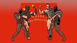 4boys anal_penetration balaclava bottomless call_of_duty erection gay helmet j-12 leg_lift male_only penis_size_difference propaganda_poster rainbow_six rainbow_six_siege raised_fist red_background russian_text soviet_union standing tachanka_(rainbow_six) yaoi