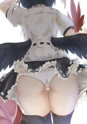 ass black_hair kagami_toufu panties see-through see-through_clothing see-through_top shameimaru_aya skirt skirt_lift standing tagme thighhighs touhou trefoil white_panties wings