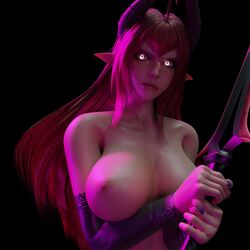 3d bird3d daemon_girl demon_girl demon_horns glowing_eyes holding holding_object holding_sword horns large_breasts nail_polish original_character pointy_ears purple_light purple_nails red_hair simple_background sinia succubus succubus_horns sweat sword