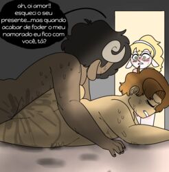 5_fingers closed_eyes crying cuckold dark_skin dio_(megokinho) faun huge_ass megokinho ntr portuguese_text precum satyr shadow sweat watching