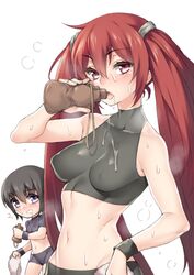 2girls bike_shorts black_hair blush breasts canteen covered_erect_nipples crop_top drinking female female_only fire_emblem fire_emblem_awakening fuya_(tempupupu) kjelle_(fire_emblem) long_hair looking_at_viewer midriff multiple_girls navel nintendo red_hair severa_(fire_emblem) short_hair sweat twintails very_long_hair water wet wristband