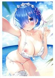 1girls armpits ayamy bangs bare_arms bare_shoulders beach big_breasts bikini blue_eyes blue_hair blue_sky blush breasts cleavage cloud collarbone cowboy_shot day female female_only flower_knot frilled_bikini frills front-tie_bikini front-tie_top hair_ornament hair_over_one_eye hair_ribbon hairband hand_up heart heart_in_eye highres horizon large_breasts leg_garter looking_at_viewer navel nipples ocean outdoors outstretched_arm parted_lips pink_ribbon re:zero_kara_hajimeru_isekai_seikatsu rem_(re:zero) ribbon short_hair side-tie_bikini skindentation sky solo solo_female stomach strap_pull string_bikini swimsuit thighs water white_bikini x_hair_ornament