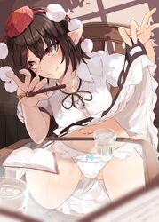 black_hair blush bow_panties frilled_panties kagami_toufu navel panties pointy_ears presenting presenting_panties red_eyes shameimaru_aya sitting skirt skirt_lift tagme thighhighs touhou white_panties