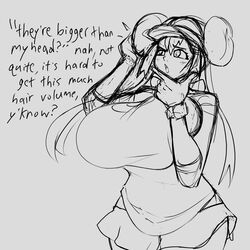 1girls alternate_breast_size big_breasts breasts_bigger_than_head english_text female female_only huge_breasts lapotato8 monochrome oblivious pokemon rosa_(pokemon) sexually_ignorant sketch solo solo_female tagme talking_to_viewer text