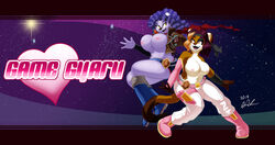 2019 2girls alternate_version_available amber_eyes anthro areola areolae big_breasts breasts busty chubby cleavage cosplay costume feline female furry furry_breasts furry_tail game_grumps game_gyaru hourglass_figure jonathan_ponikvar nipples peter_and_company peter_and_whitney pink_nipples purple_fur purple_hair signature voluptuous whitney_ponikvar wide_hips