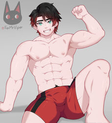 1boy bara black_and_red_hair dyed_pubes fermrviper gay green_eyes male male_focus male_only muscles muscular muscular_male nipples pecs pubes yaoi