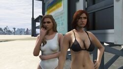 2girls 3d ass beach bikini black_panties brown_hair grand_theft_auto grand_theft_auto_online grand_theft_auto_v initial_d kyoko_iwase panties sayuki sayuki_(initial_d) white_hair white_panties yuri