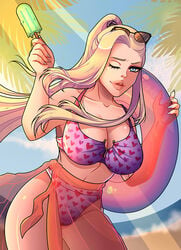 1girls asetr bangs bare_legs bare_shoulders beach big_breasts bikini blonde_hair blue_eyes blue_sky breasts busty clothed_female clouds collarbone cropped_legs day female female_only floater food holding_object ice_cream ino_yamanaka light-skinned_female light_skin long_fingernails long_hair looking_at_viewer melting_popsicle midriff nail_polish naruto naruto_(series) naruto_shippuden ocean one_eye_closed outdoors palm_tree pin_up ponytail popsicle sand shiny shiny_hair shiny_skin skindentation skirt smile solo solo_female solo_focus sunglasses sunglasses_on_head sunlight swimsuit tied_hair upper_body very_long_hair water wink winking_at_viewer wrapped