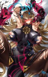 1girls abs absurdres armor armpits arms_up bangs bare_shoulders barghest_(gawain)_(fate) biceps black_dress blonde_hair blue_eyes blush breasts brown_legwear casul chains covered_navel crossed_bangs dress earrings fate/grand_order fate_(series) female gauntlets hair_between_eyes heterochromia highres horns huge_breasts huge_filesize inverted_nipples jewelry long_hair looking_at_viewer lying muscular_female necklace nipples on_back pantyhose pauldrons pelvic_curtain puffy_nipples red_eyes shoulder_armor single_gauntlet single_pauldron solo spread_legs sword thighs torn_clothes weapon