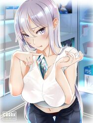 between_breasts chark14 full_dive fully_clothed jeans kisaragi_reona kyuukyoku_shinka_shita_full_dive_rpg_ga_genjitsu_yori_mo_kusoge_dattara lace_bra midriff_peek panties see_through solo_female stud_earrings tongue_out white_shirt